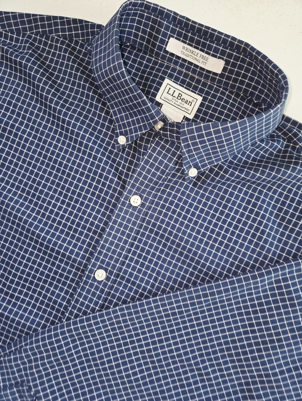 LL Bean button-up 100% cotton navy and white check large tall